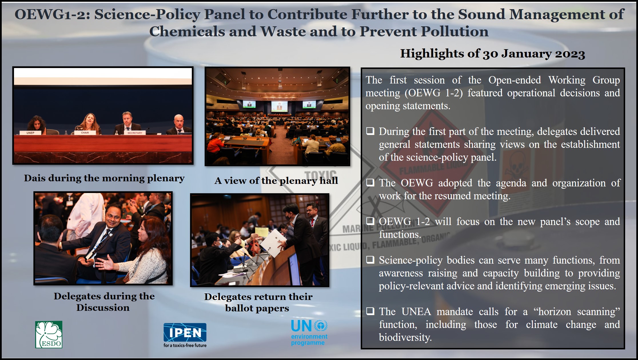 Day 1: OEWG1-2: Science-Policy Panel to Contribute Further to the Sound Management of Chemicals and Waste and to Prevent Pollution